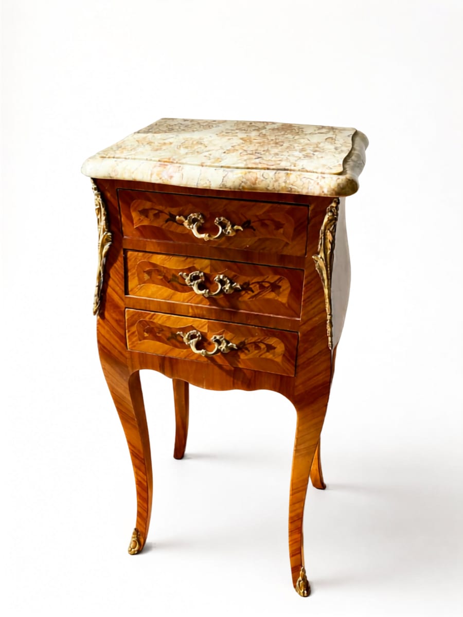 Antique French-style marble-top nightstand with brass ormolu mounts, photographed for the demo